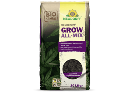 Tá mála 20-lítear NeudoHum Grow All-Mix ó Neudorff Shop i bpacáistiú donn-corcra le lipéid "BIO" agus "torffrei", forbartha don fhás cannabais agus bláth sláintiúil.
