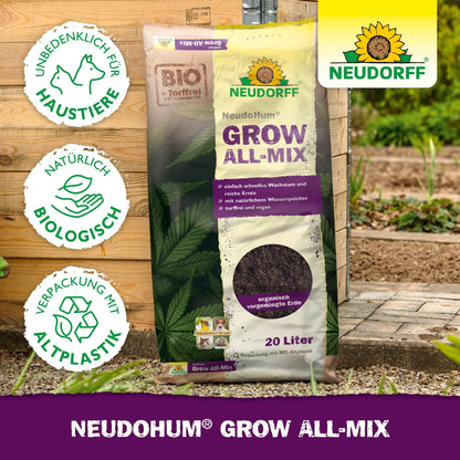 Tá mála 20-lítear NeudoHum Grow All-Mix ó Neudorff Shop le feiceáil amuigh faoin aer. Cuireann an pacáistiú béim ar shábháilteacht peataí, comhábhair bhitheolaíocha agus plaisteach athchúrsáilte, rud a fhágann go bhfuil sé idéalach don fhás cannabais agus tacaíonn sé le bláth sláintiúil.