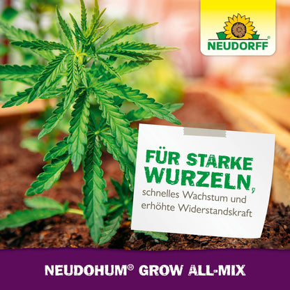 Tá planda cannabais ag fás go maith i leaba gairdín le NeudoHum Grow All-Mix ó Neudorff Shop. Cuireann comhartha Gearmáinise béim ar fhréamhacha láidre, fás tapa, friotaíocht agus bláthú. Tá lógó Neudorff agus ainm an táirge le feiceáil.
