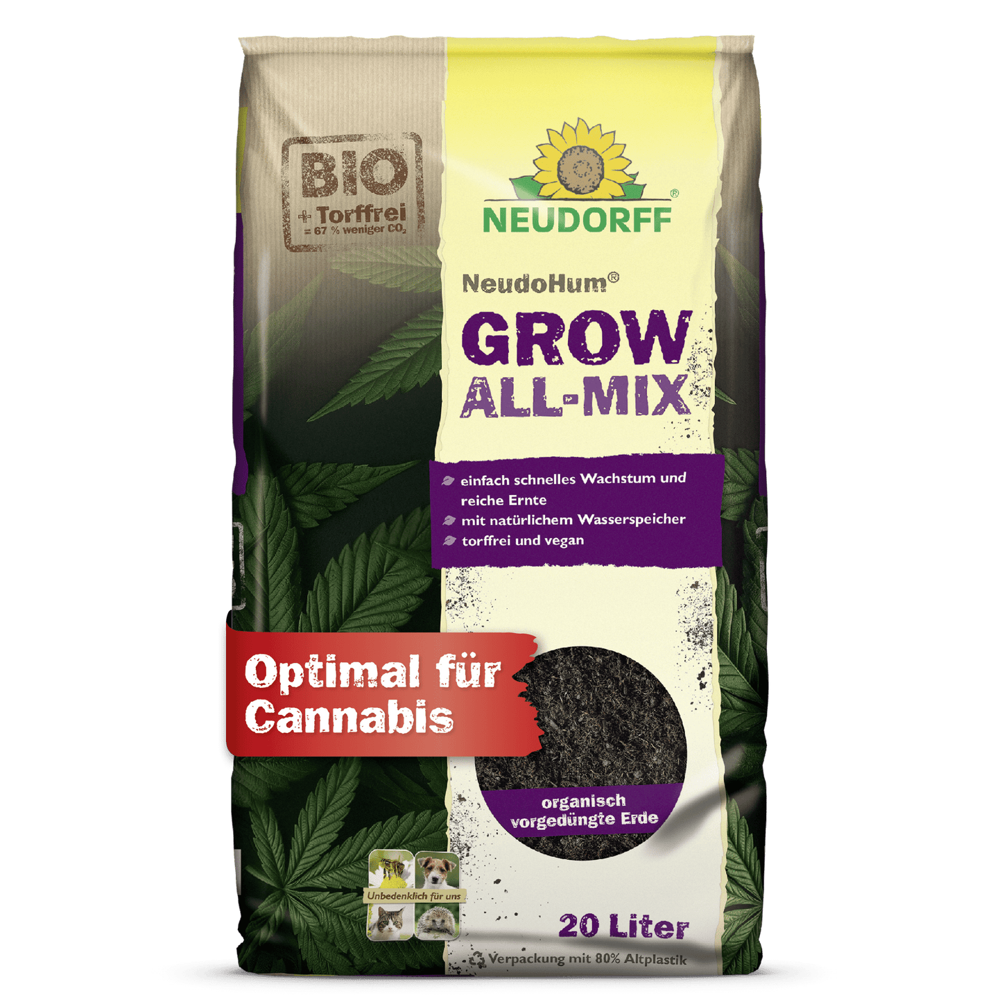 Tá mála 20-lítear Neudorff Shop NeudoHum Grow All-Mix-Talamh le feiceáil i bpacáistiú donn, corcra agus buí leis an inscríbhinn "Optimal für Cannabis", a chuireann fás tapa, meascán orgánach agus feabhas ar bhláthanna le duilleoga cannabais chun cinn.