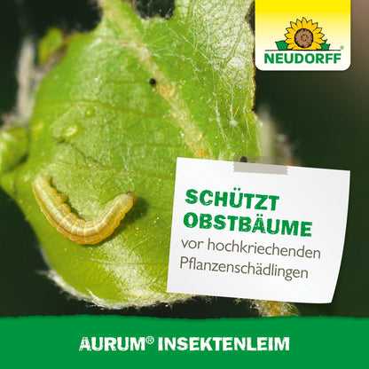 A small caterpillar crawls on a leaf with a sticker "Protects fruit trees from high-climbing plant pests like winter moth females and ants." The Neudorff Shop logo and Aurum Insect Glue are also depicted.