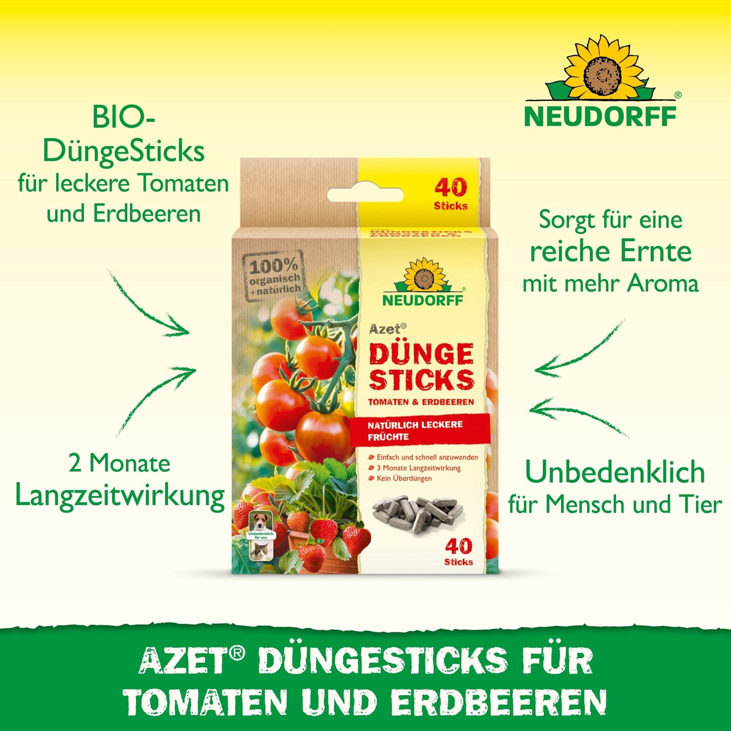 Neudorff Shop Azet fertilizer sticks for tomatoes & strawberries: BIO-fertilizer, long-lasting effect for 2 months, safe for humans and animals, promotes a flavorful harvest. The package contains 40 sticks.