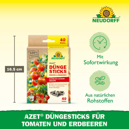 The packaging of the Azet fertilizer sticks for tomatoes & strawberries from Neudorff Shop (box with 40 sticks, 16.5 cm high) highlights quick action and natural ingredients. Green and yellow design with product details.