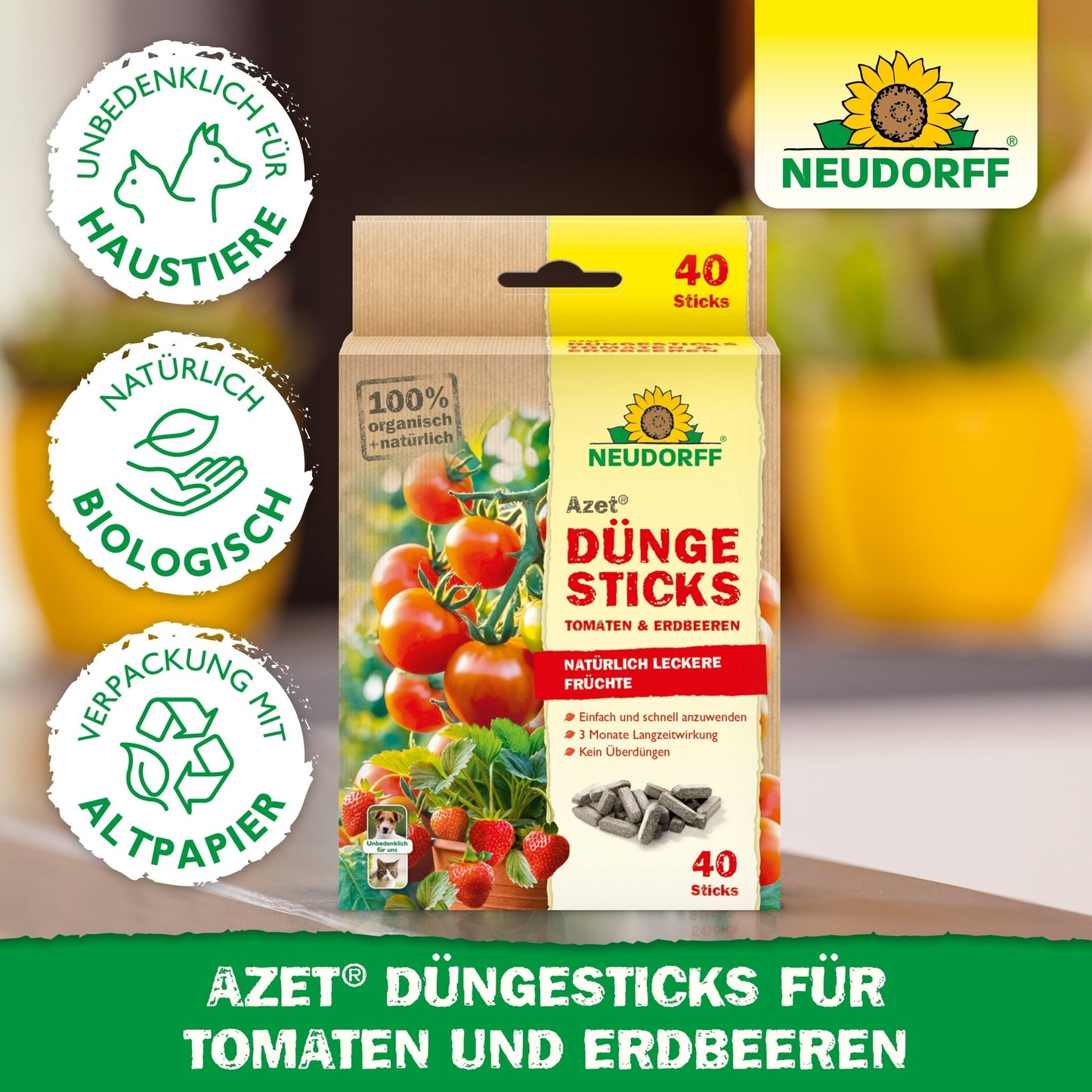 A package of Neudorff Shop Azet fertilizer sticks for tomatoes & strawberries stands upright on a table, with German text, product features, and eco-friendly symbols.