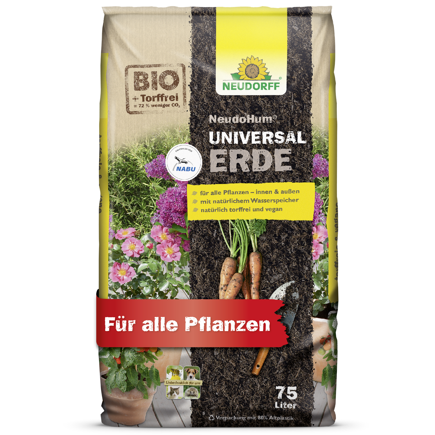 A 75-liter bag of NeudoHum Universal Soil from Neudorff Shop, with images of vegetables and flowers, labeled as peat-free and organic, suitable for all plants.