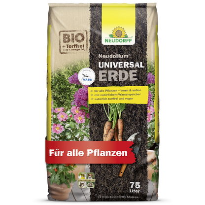 A 75-liter bag of NeudoHum Universal Soil from Neudorff Shop, with images of vegetables and flowers, labeled as peat-free and organic, suitable for all plants.