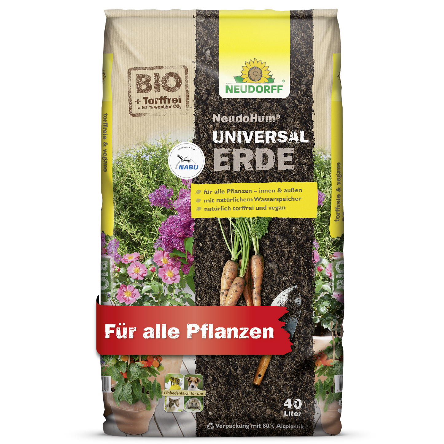 A 40-liter bag of NeudoHum Universal Soil from Neudorff Shop with the inscription "For all plants" and "BIO + Peat-Free" shows green plants, carrots, and the main features on the packaging.