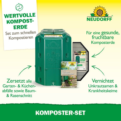 The Neudorff Shop composter set, shown with composting accessories, helps in producing compost soil, breaks down garden waste, destroys seeds and pathogens, and includes tips on creating compost.