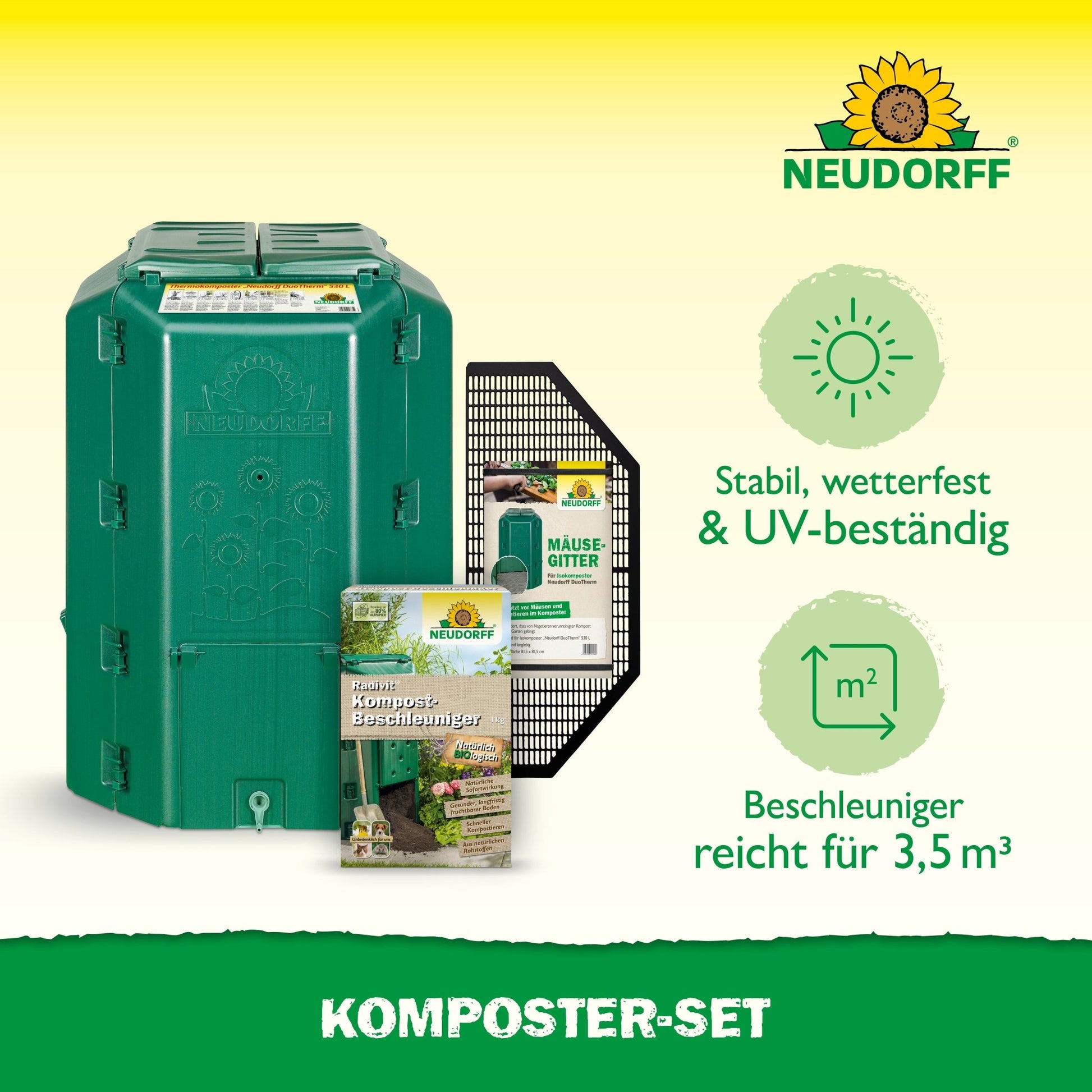 The Neudorff Shop composter set is a green compost bin with accessories like a grid plate and product packages. Stable, weatherproof, UV-resistant, it speeds up composting and provides compost soil with a capacity of 3.5 m³.