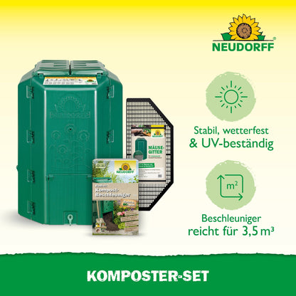 The Neudorff Shop composter set is a green compost bin with accessories like a grid plate and product packages. Stable, weatherproof, UV-resistant, it speeds up composting and provides compost soil with a capacity of 3.5 m³.