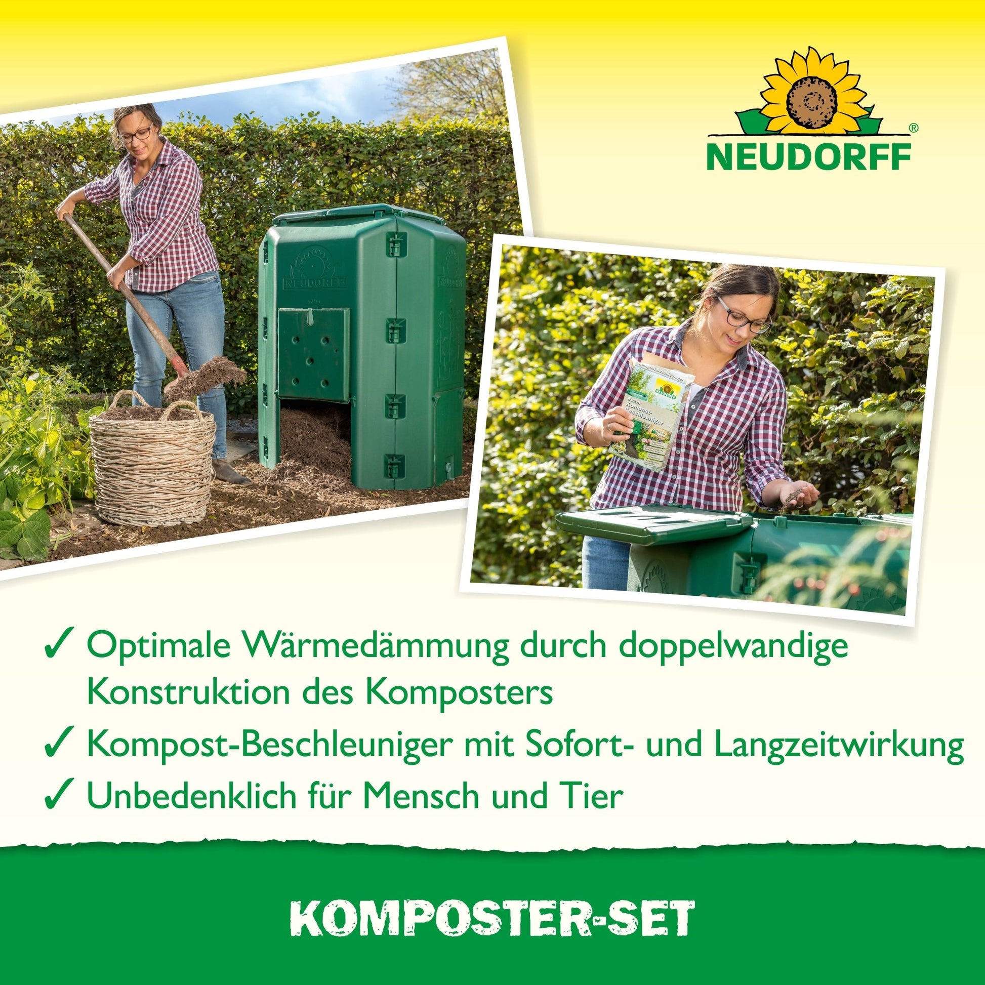 A woman fills a green compost bin in a garden with a pitchfork, demonstrating how to use the Neudorff Shop composter set. A close-up shows her adding compost accelerator. German text and the Neudorff Shop logo appear in the image.