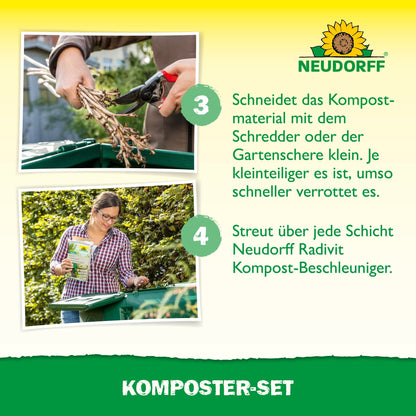 Two images show how the Neudorff Shop composter set is used: hands cut branches with scissors, and a woman sprinkles the product on the compost in a bin. The German text and Neudorff Shop branding are visible.