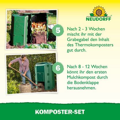 Two photos show the steps for using the green composter set from Neudorff Shop: In the first case, the compost is mixed with a fork, in the second case, it is removed with a shovel. The instructions are in German. The Neudorff logo is visible at the top.