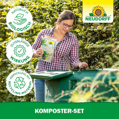 A woman stands outdoors next to a green compost bin holding a bag with the Neudorff Shop composter set in her hand. Three icons in the image highlight the natural ingredients, reliability, and recycled packaging.