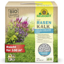 Eine 5 kg Kiste Azet RasenKalk von Neudorff Shop mit grünem Rasen und violetten Blumen, inklusive Griff und rotem Etikett "Reicht für 100 m²". Ideal zur Bekämpfung von Moos.