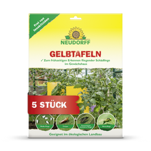 Vorderansicht der Verpackung von Neudorff Shop Gelbtafeln (großformatig) mit fünf Fallen zur Früherkennung von Pflanzenschädlingen in Gewächshäusern, mit Abbildungen von Pflanzen und gefangenen Insekten. Der Verpackungstext ist in deutscher Sprache.