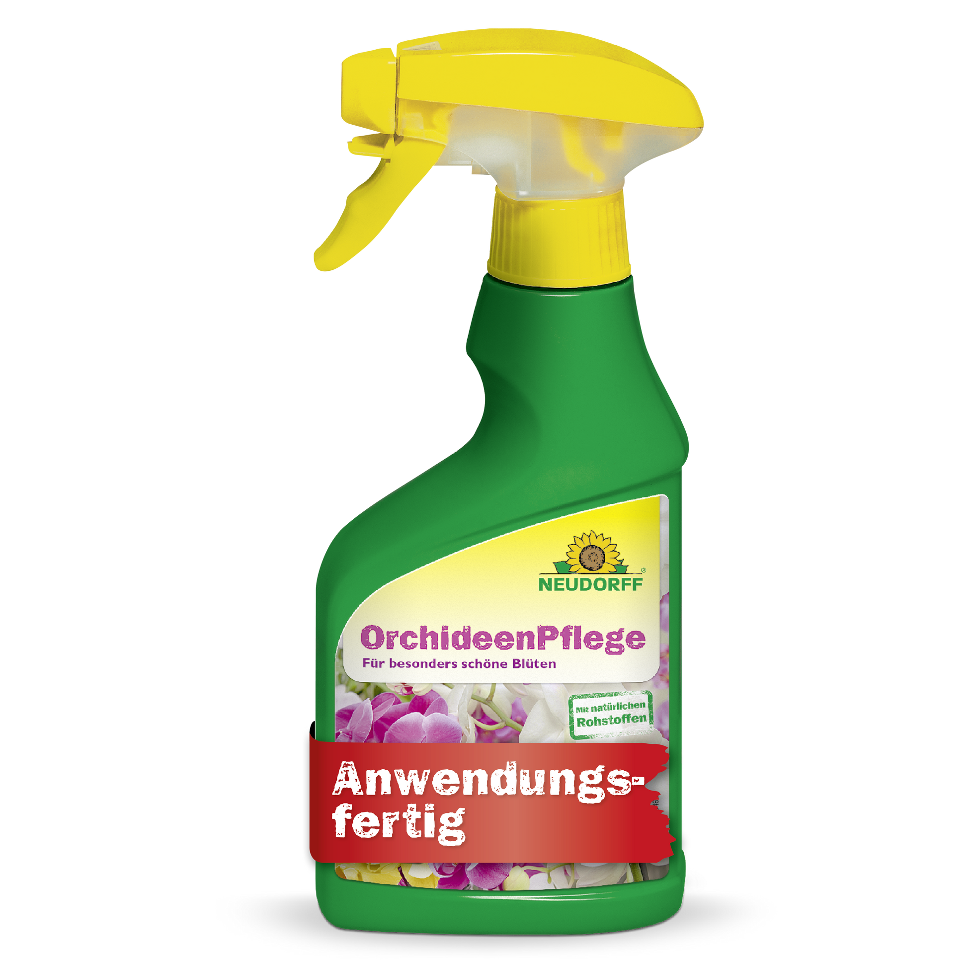Auf einer grünen Sprühflasche mit gelber Düse mit der Aufschrift "OrchideenPflege" von Neudorff Shop sind Orchideen abgebildet und ein Text weist darauf hin, dass es sich um ein gebrauchsfertiges Pflanzenpflegeprodukt für eine optimale Orchideengesundheit handelt.