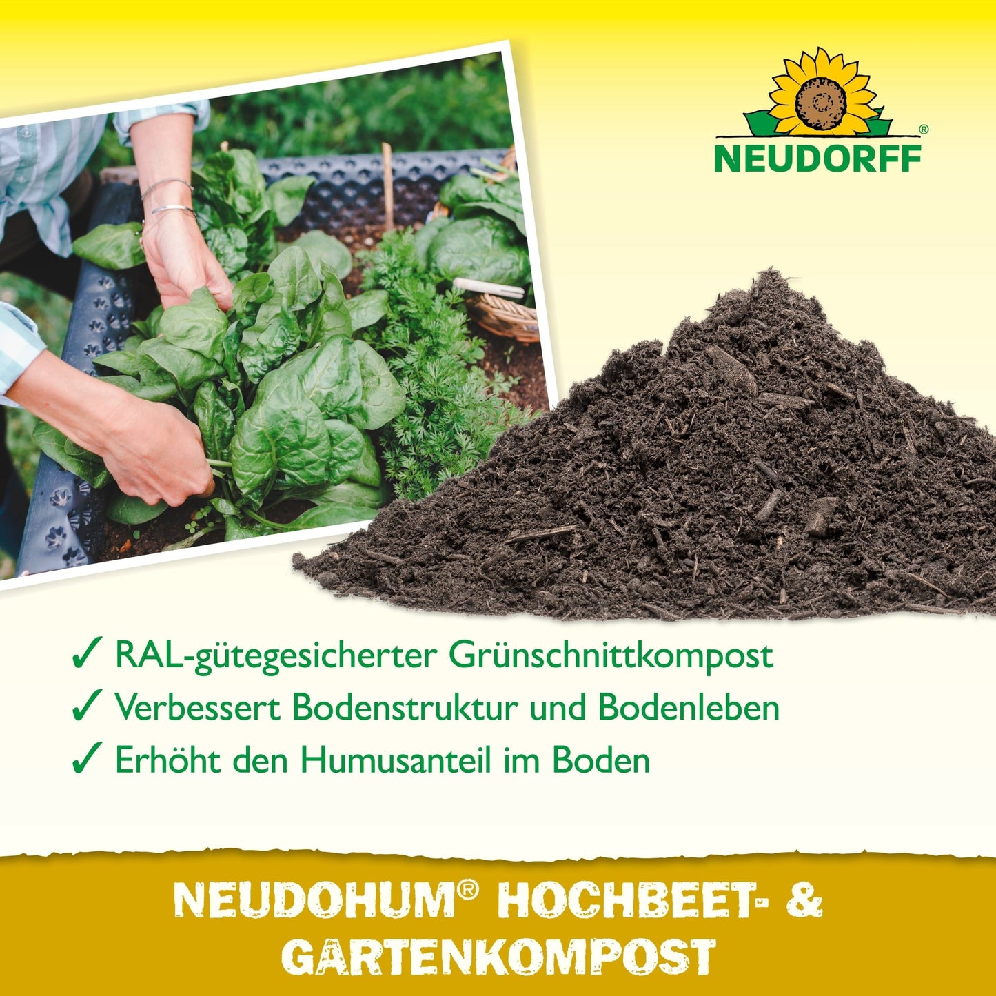 A gloved hand holds a tray with leafy greens next to dark compost. The text highlights the NeudoHum Raised Bed & Garden Compost from the Neudorff Shop, emphasizing the improved soil structure and humus - ideal for raised beds. The Neudorff logo appears at the top.