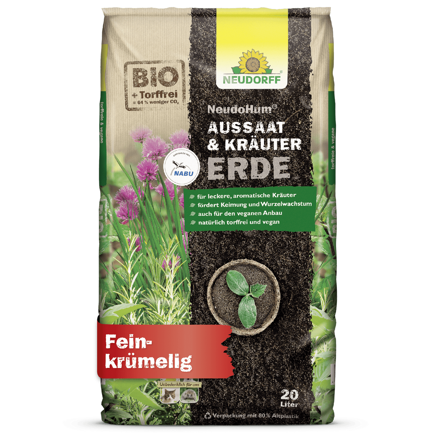A 20-liter sack of NeudoHum Seed & Herb Soil from Neudorff Shop, a fine-grained soil ideal for Mediterranean herbs, flowers, and vegetable cultivation. The eco-friendly packaging shows herbs and soil.