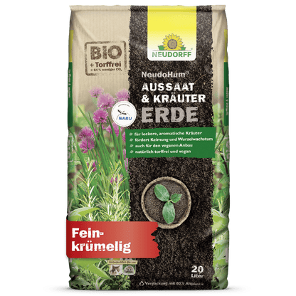 A 20-liter sack of NeudoHum Seed & Herb Soil from Neudorff Shop, a fine-grained soil ideal for Mediterranean herbs, flowers, and vegetable cultivation. The eco-friendly packaging shows herbs and soil.