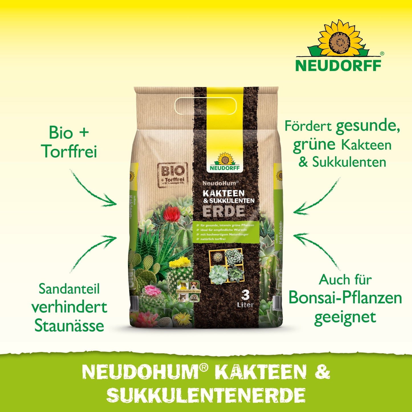 An upright beige 3-liter Neudorff Shop NeudoHum Cactus & Succulent Soil bag. The peat-free soil prevents waterlogging and is ideal for healthy growth of cacti, succulents, and bonsai plants.