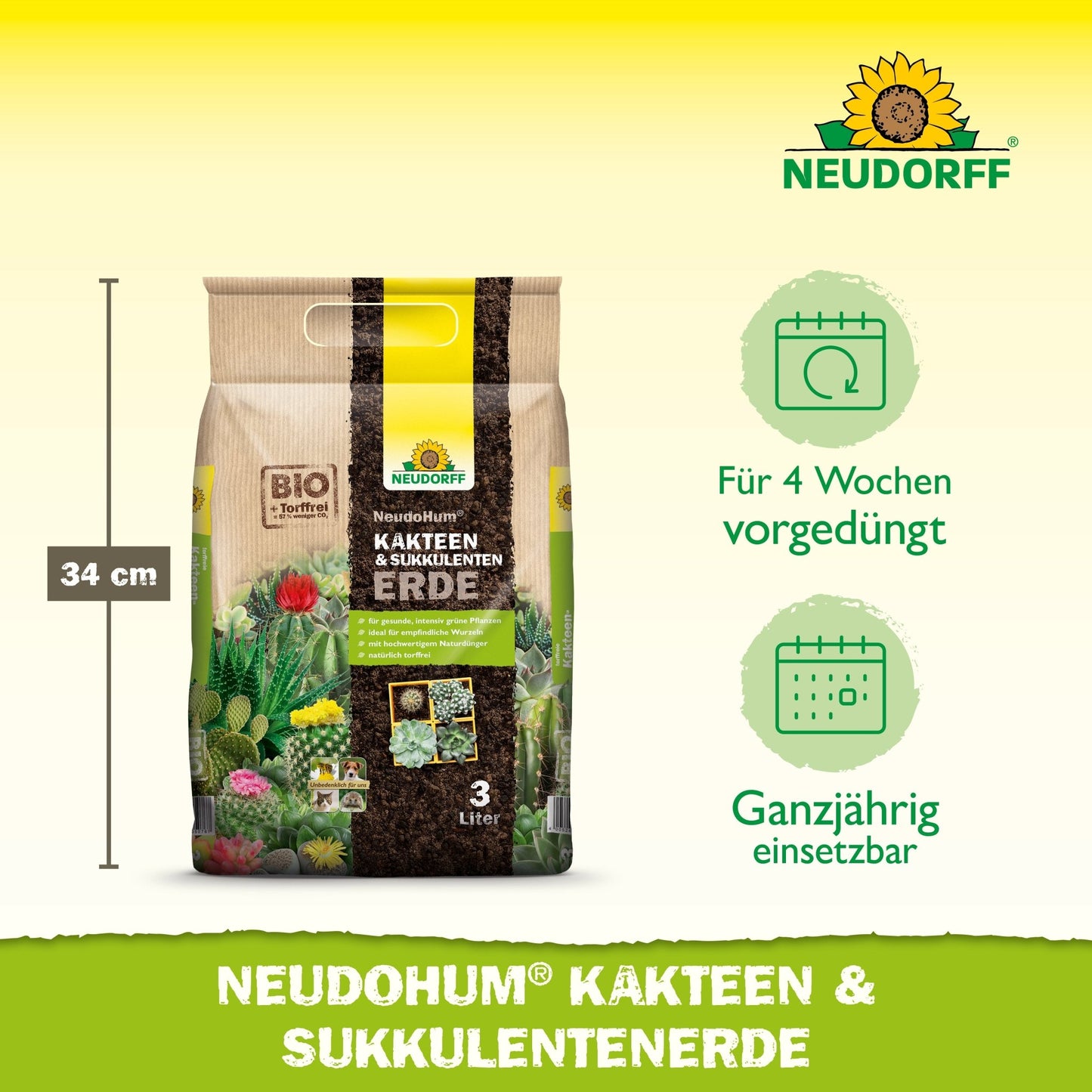 Pictured is a 3-liter bag of NeudoHum Cactus & Succulent Soil from Neudorff Shop, 34 cm tall. The packaging states that it is peat-free, high-quality, pre-fertilized for 4 weeks, and ideal for cacti and succulents all year round.