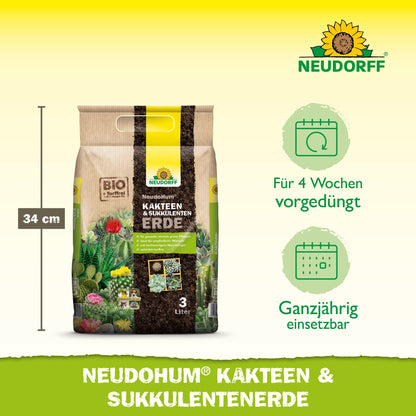 Pictured is a 3-liter bag of NeudoHum Cactus & Succulent Soil from Neudorff Shop, 34 cm tall. The packaging states that it is peat-free, high-quality, pre-fertilized for 4 weeks, and ideal for cacti and succulents all year round.