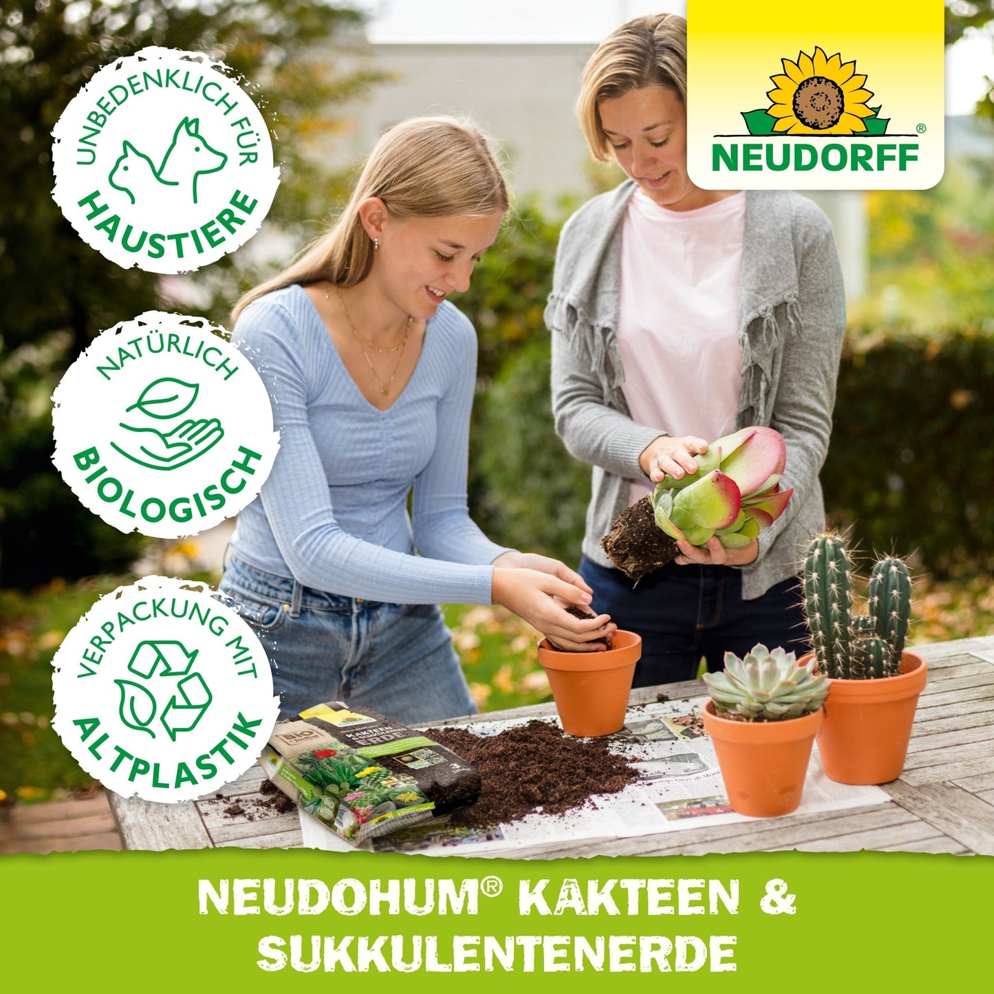 Two women repotting cacti in orange pots with high-quality soil on a table, using NeudoHum Cactus & Succulent Soil from the Neudorff Shop; product features are displayed in German text and symbols.