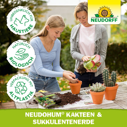 Two women repotting cacti in orange pots with high-quality soil on a table, using NeudoHum Cactus & Succulent Soil from the Neudorff Shop; product features are displayed in German text and symbols.
