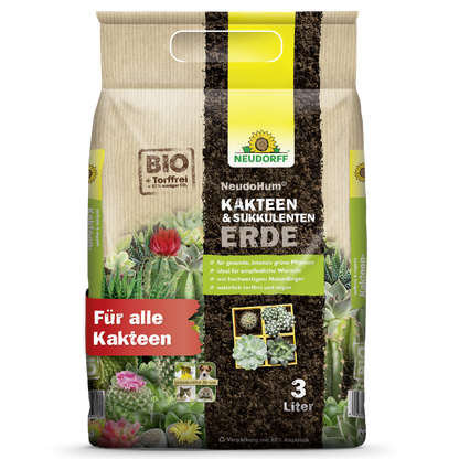 A 3-liter bag of Neudorff Shop NeudoHum Cactus & Succulent Soil, ideal for all cacti and succulents, in beige packaging with green-yellow accents, cactus images, and red text "For all cacti".
