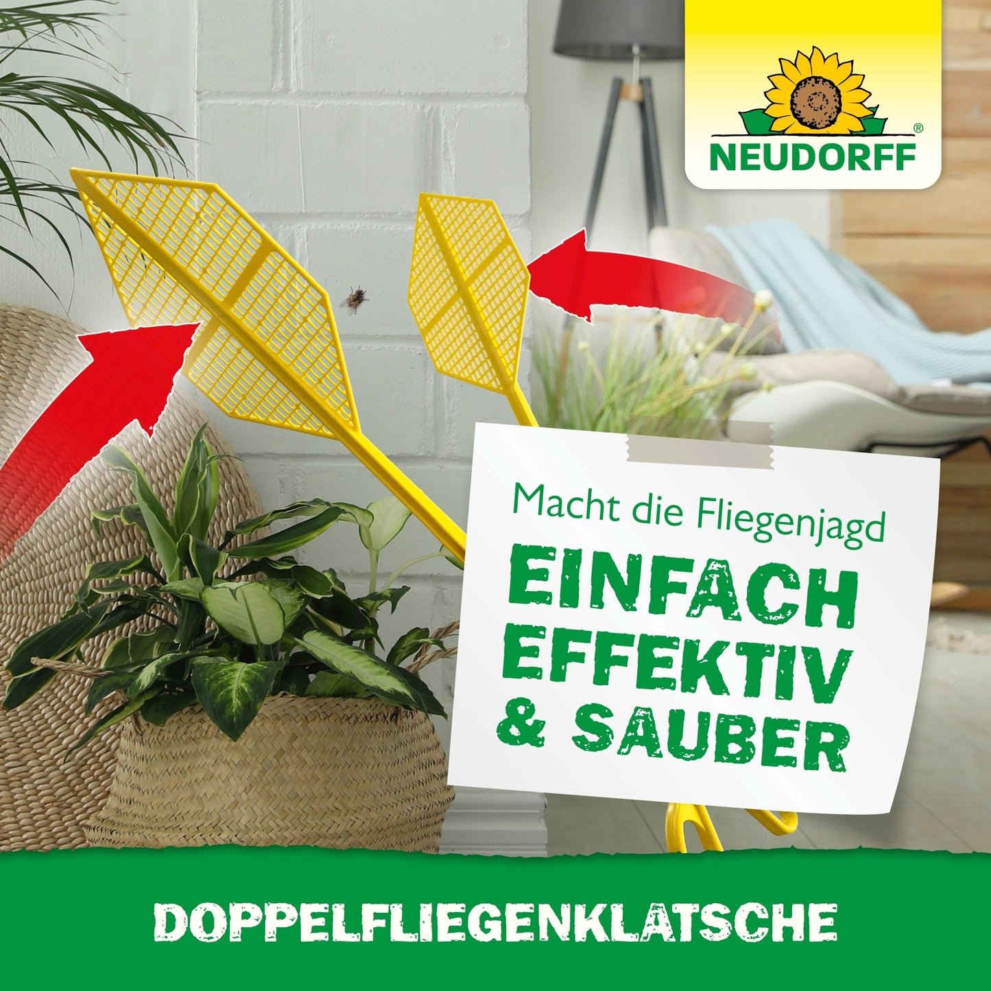 Two yellow double fly swatters from the Neudorff Shop with red arrows are displayed indoors next to a plant. A German sign reads: "Simple, effective & clean, catch flies without stains," above it the brand logo.