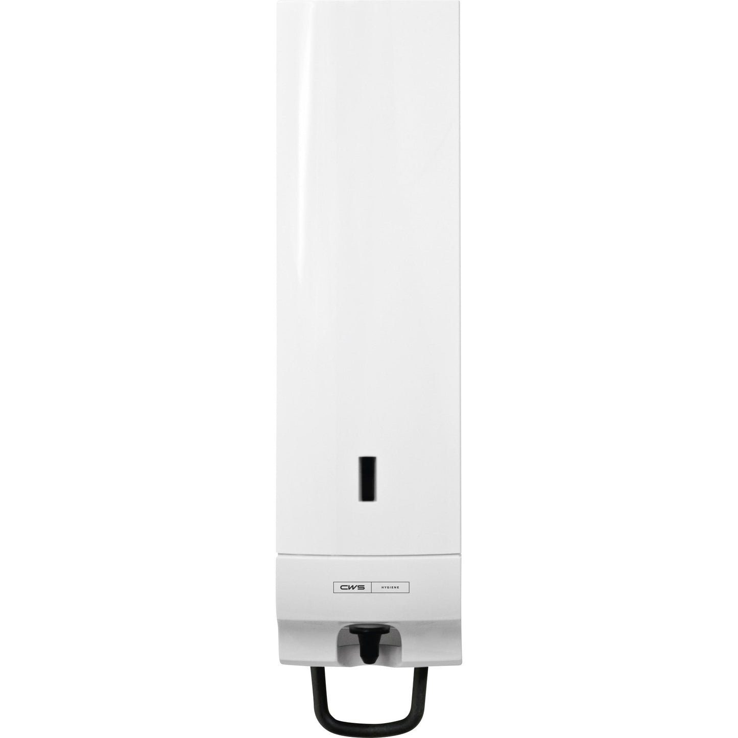 The CWS ParadiseLine Foam Soap Dispenser Foam Universal including White Panel is a wall-mounted dispenser with a black button and a viewing window for fill level indication - ideal for hygienic washrooms.