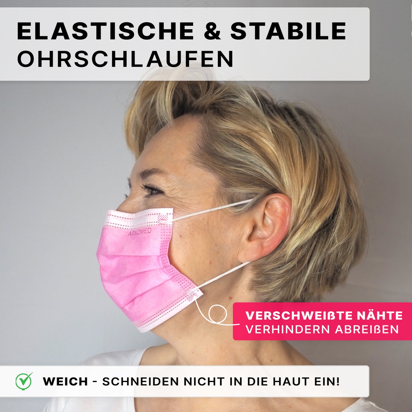 Eine Frau mit kurzen blonden Haaren trägt den ARNOMED MUNDSCHUTZ TYP IIR OP-Mundschutz mit Gummibändern von ARNOWA GmbH. Der deutsche Text hebt die robusten Ohrschlaufen, die verschweißten Nähte und das hautfreundliche, weiche Material hervor.