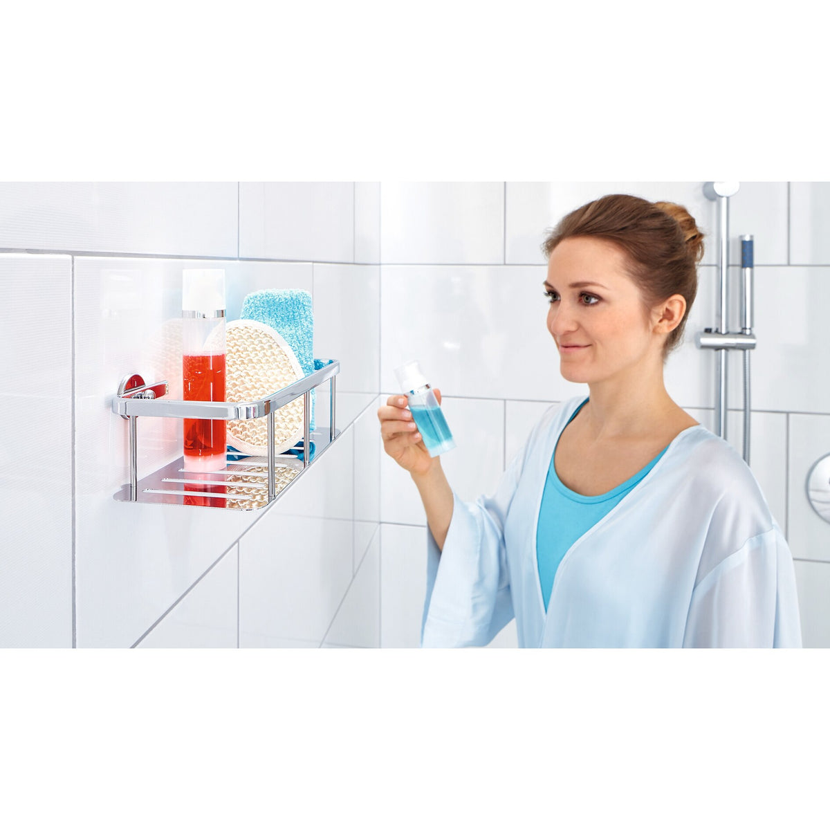 tesa ALUXX Single-Tier Shower Shelf, Aluminum, Chrome-Plated, Includes Adhesive Solution – Application