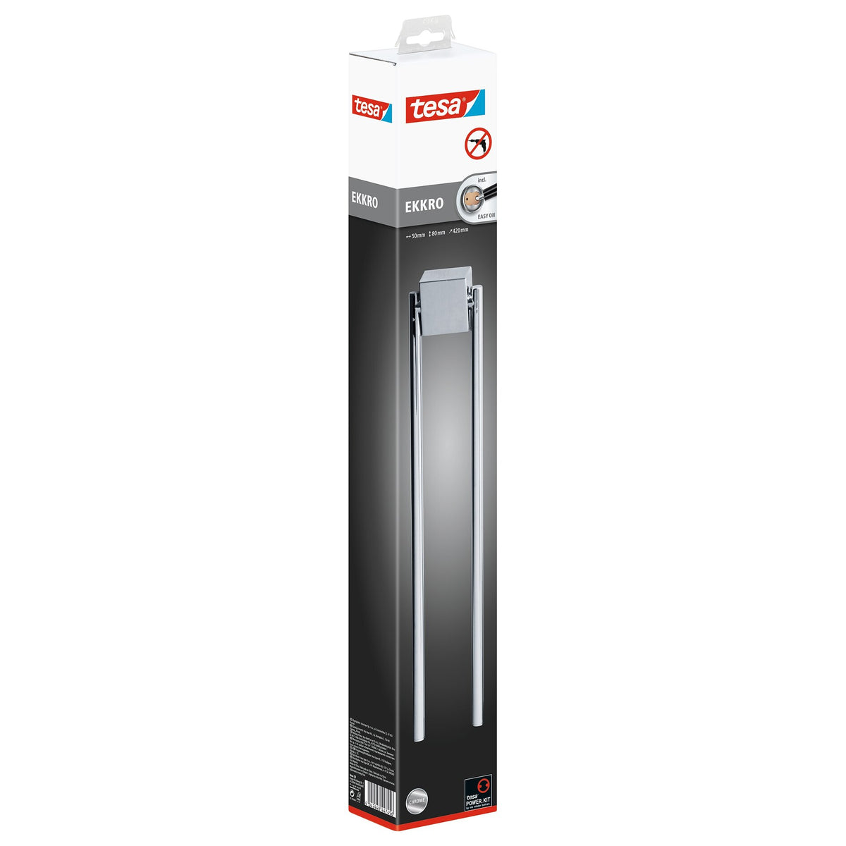 tesa EKKRO Towel Rack, Two-Arm, Chrome-Plated, Includes Adhesive Solution