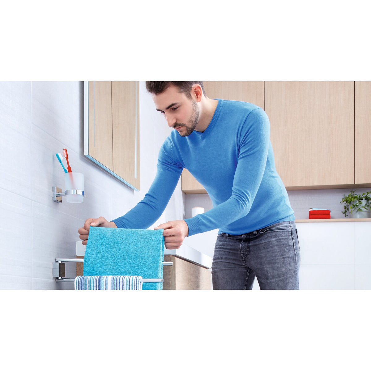 tesa EKKRO Towel Rack, Two-Arm, Chrome-Plated, Includes Adhesive Solution – Application