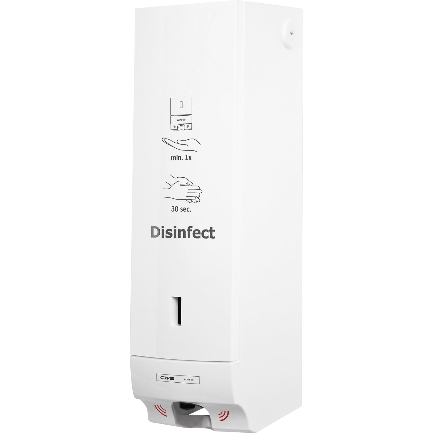 The CWS ParadiseLine Disinfect Non touch disinfectant dispenser, with white panel (1 piece) offers touchless operation. Hand symbols show one pump on the hand, which is then rubbed for 30 seconds; "Disinfect" is printed on the front for hygienic use.