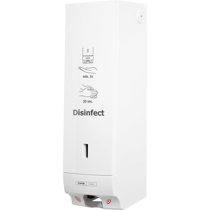 The CWS ParadiseLine Disinfect Non touch disinfectant dispenser, with white panel (1 piece) offers touchless operation. Hand symbols show one pump on the hand, which is then rubbed for 30 seconds; "Disinfect" is printed on the front for hygienic use.