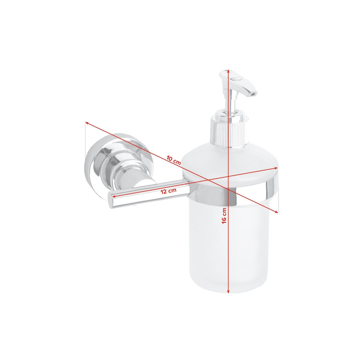 tesa Luup Soap Dispenser (175 ml), chrome-plated, includes adhesive solution – Dimensions