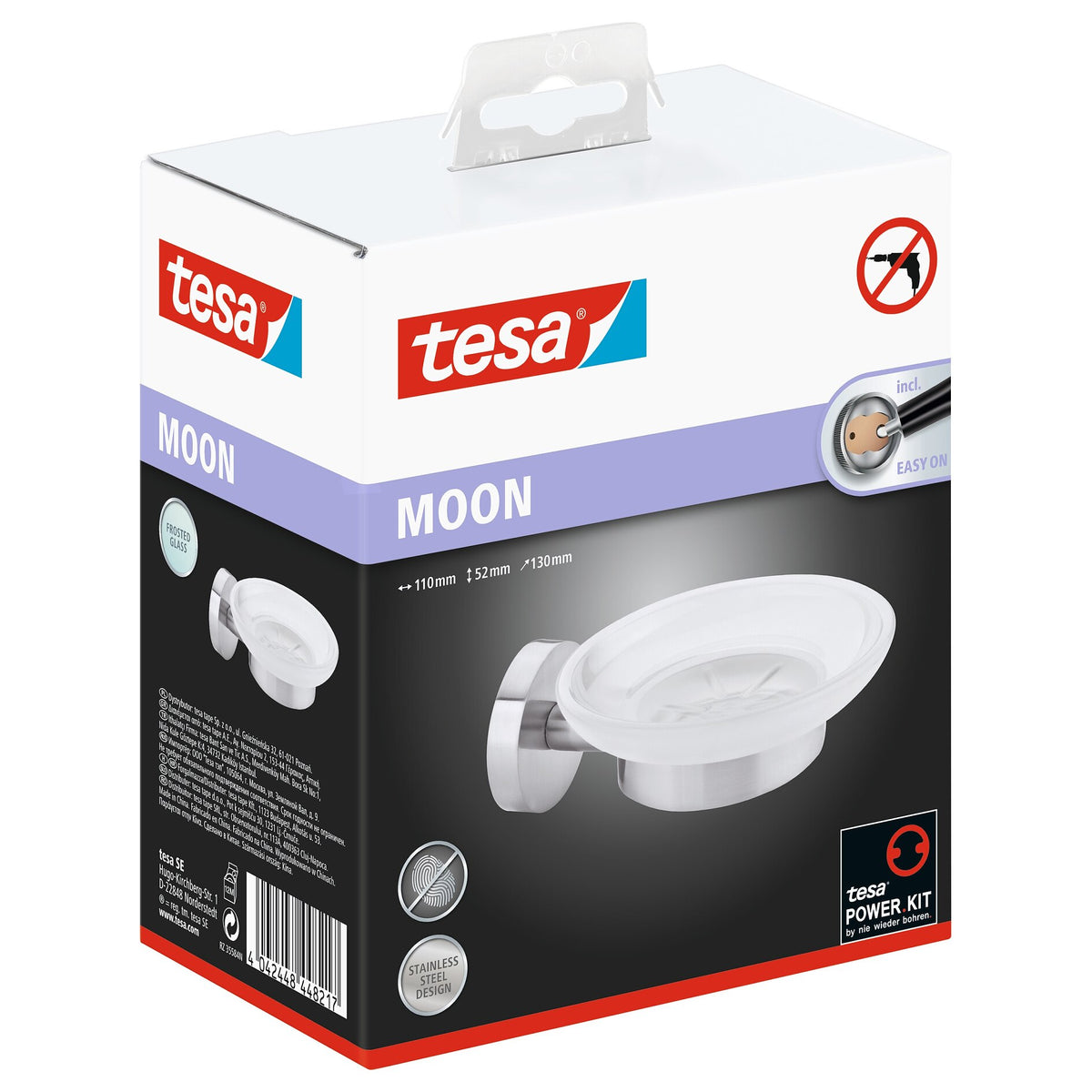 tesa MOON Wall-Mounted Soap Dish, Stainless Steel Look, Includes Adhesive Solution