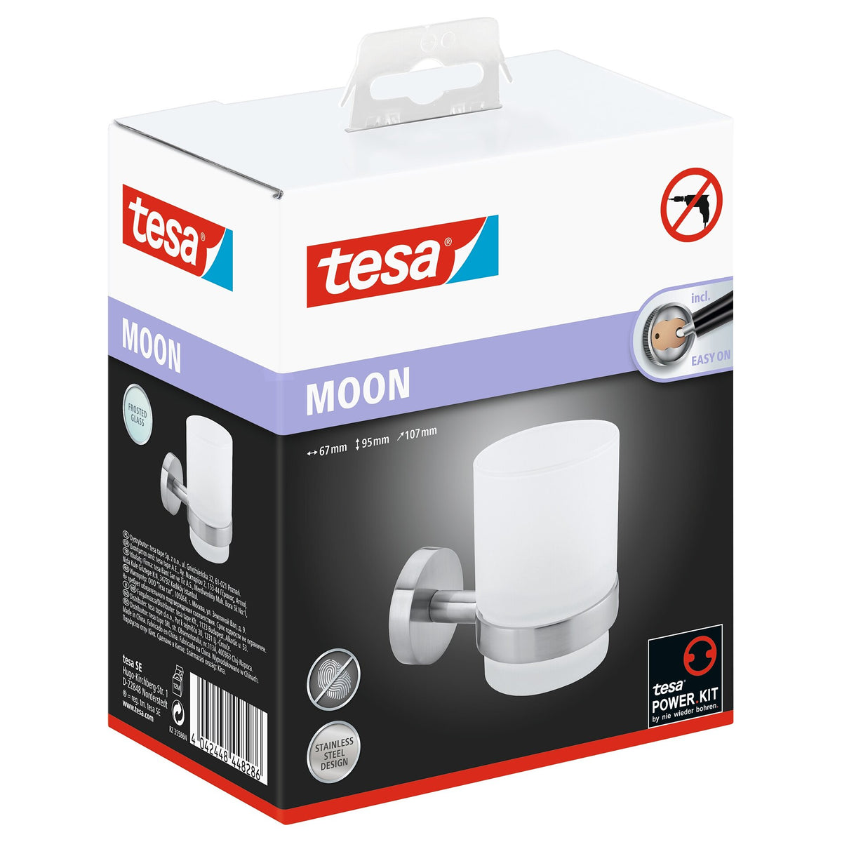 tesa MOON Toothbrush Cup Holder, stainless steel finish, includes adhesive solution