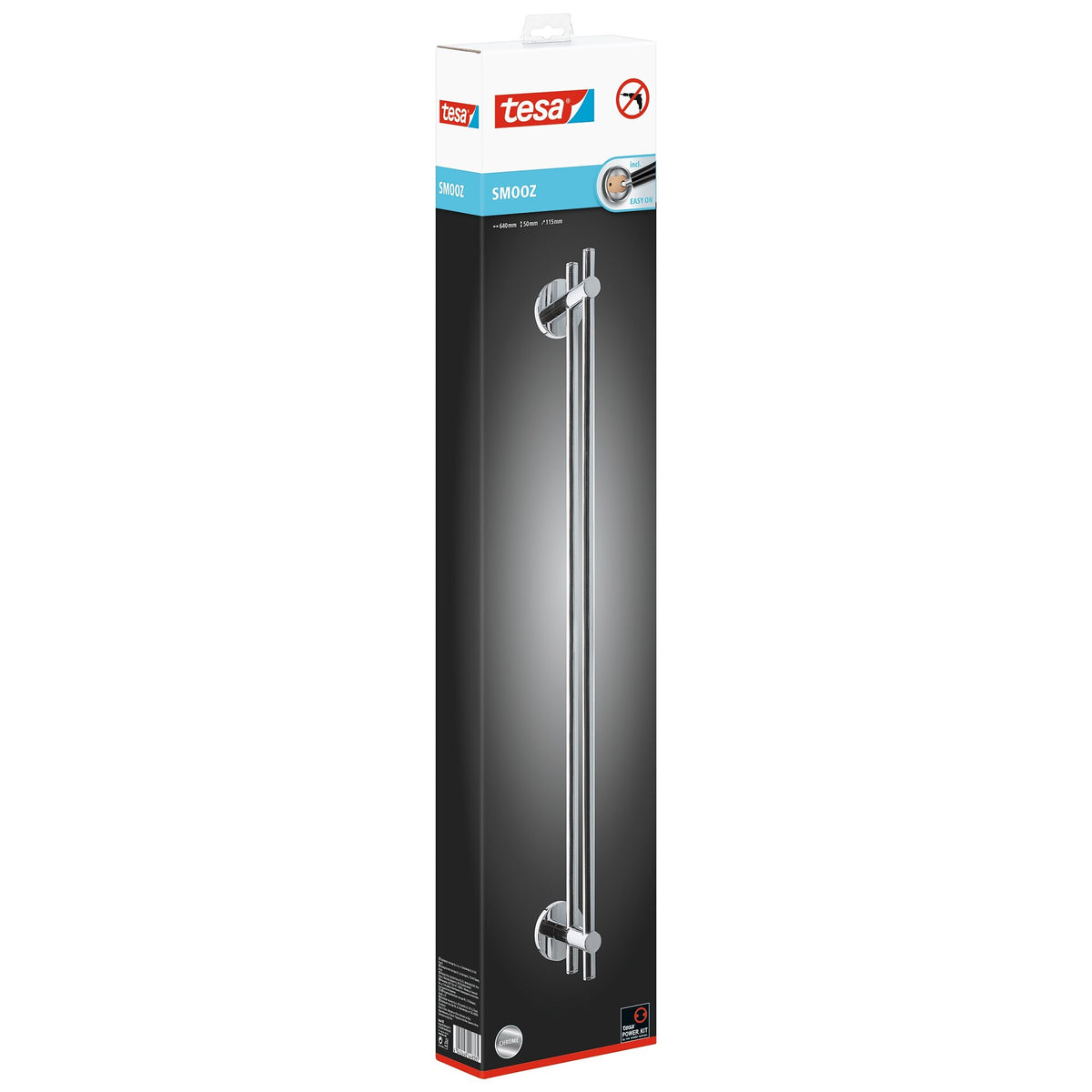 tesa SMOOZ Towel Rack (No Drilling Required), 2-Arm, Chrome-Plated, Adhesive Mount