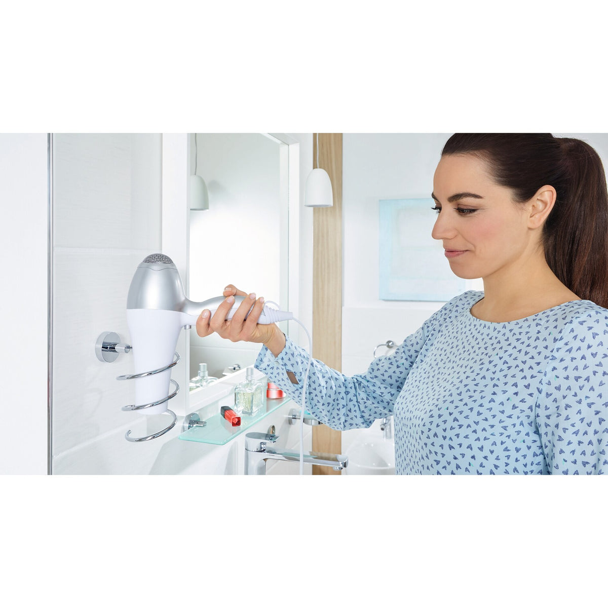tesa SMOOZ Hair Dryer Holder, Chrome-Plated, Includes Adhesive Solution – Instructions for Use
