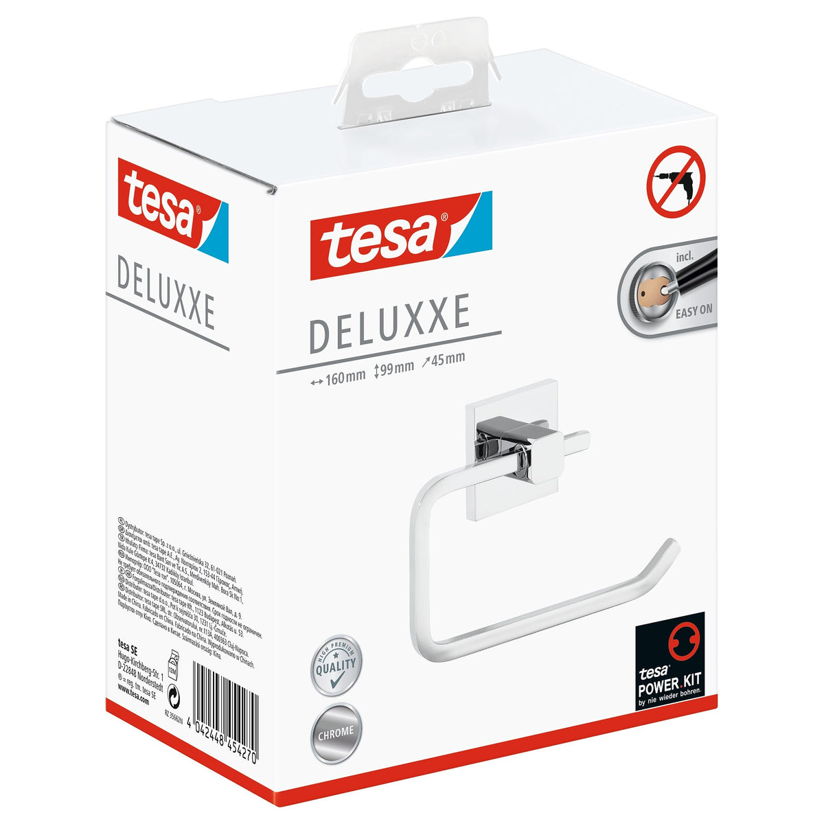 tesa DELUXXE Toilet Paper Holder, without lid, metal, chrome-plated, includes adhesive solution