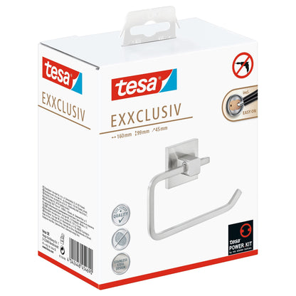 tesa EXXCLUSIV Toilet Paper Holder, Stainless Steel Look, Adhesive Mount