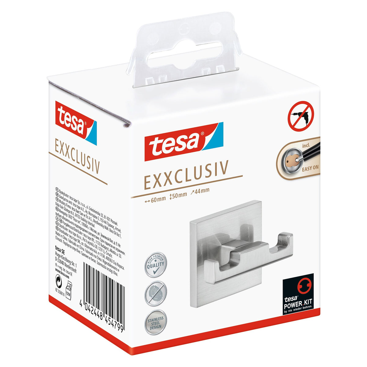 tesa EXXCLUSIV Double Wall Hook, Stainless Steel Finish, Adhesive Mount