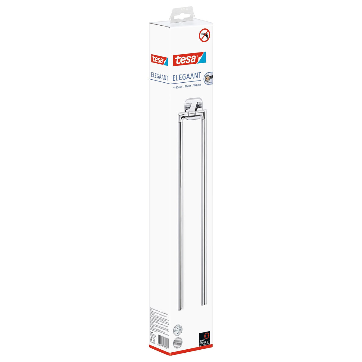 tesa ELEGAANT Towel Rack, 2-arm, Metal, Chrome-Plated, Adhesive Mount