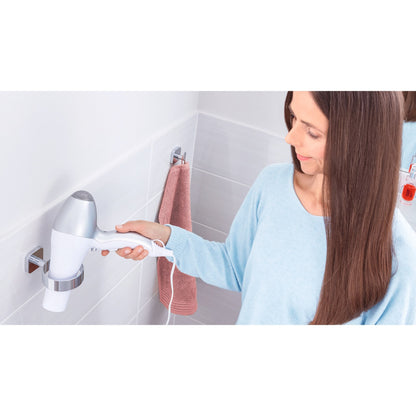 tesa ELEGAANT Hair Dryer Holder, Chrome-Plated, Elegant Design, Includes Adhesive Solution – Instructions for Use