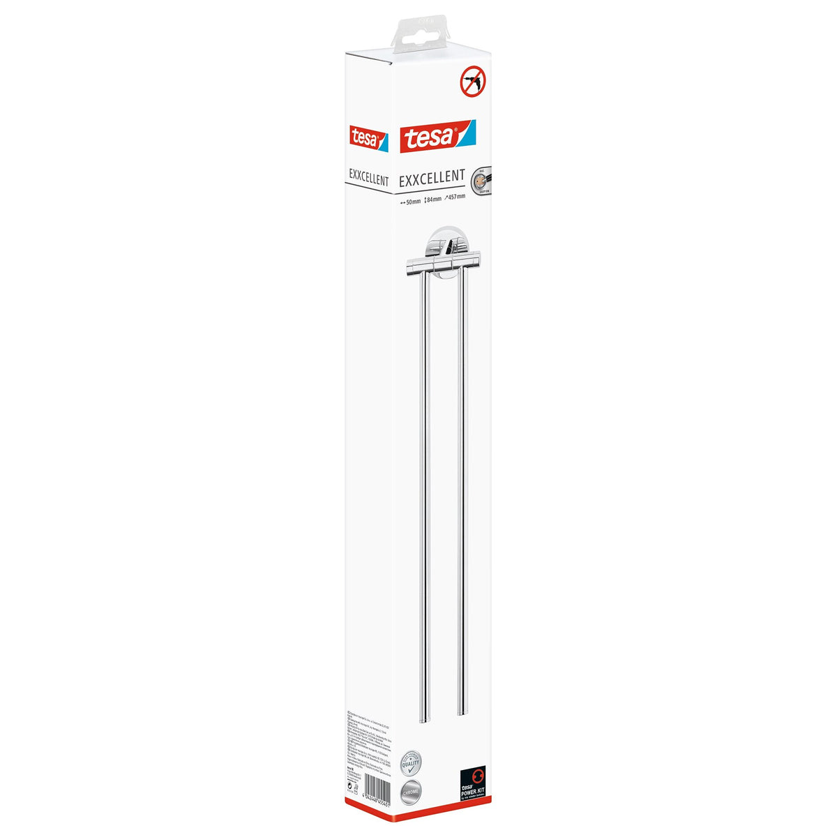 tesa Exxcellent Towel Rack, Metal, Chrome-Plated, 2-Arm, Includes Adhesive Solution