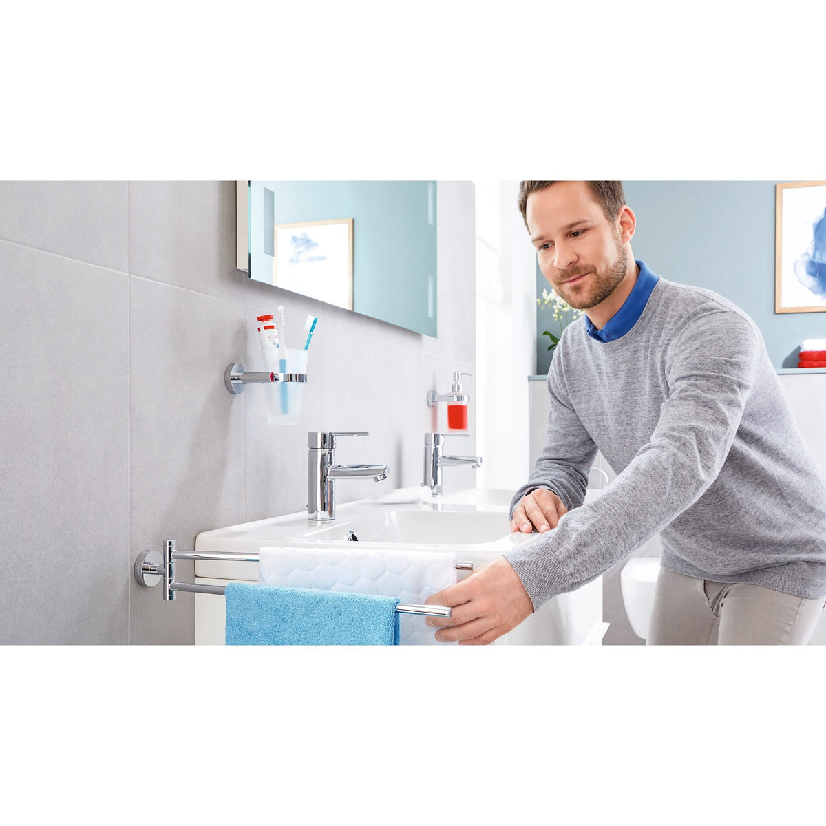 tesa Exxcellent Towel Rack, Metal, Chrome-Plated, 2-Arm, Includes Adhesive Solution – Application